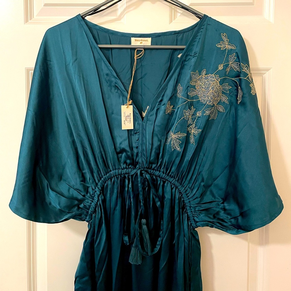 NWT Teal Satin Kaftan Maxi Dress L/XL